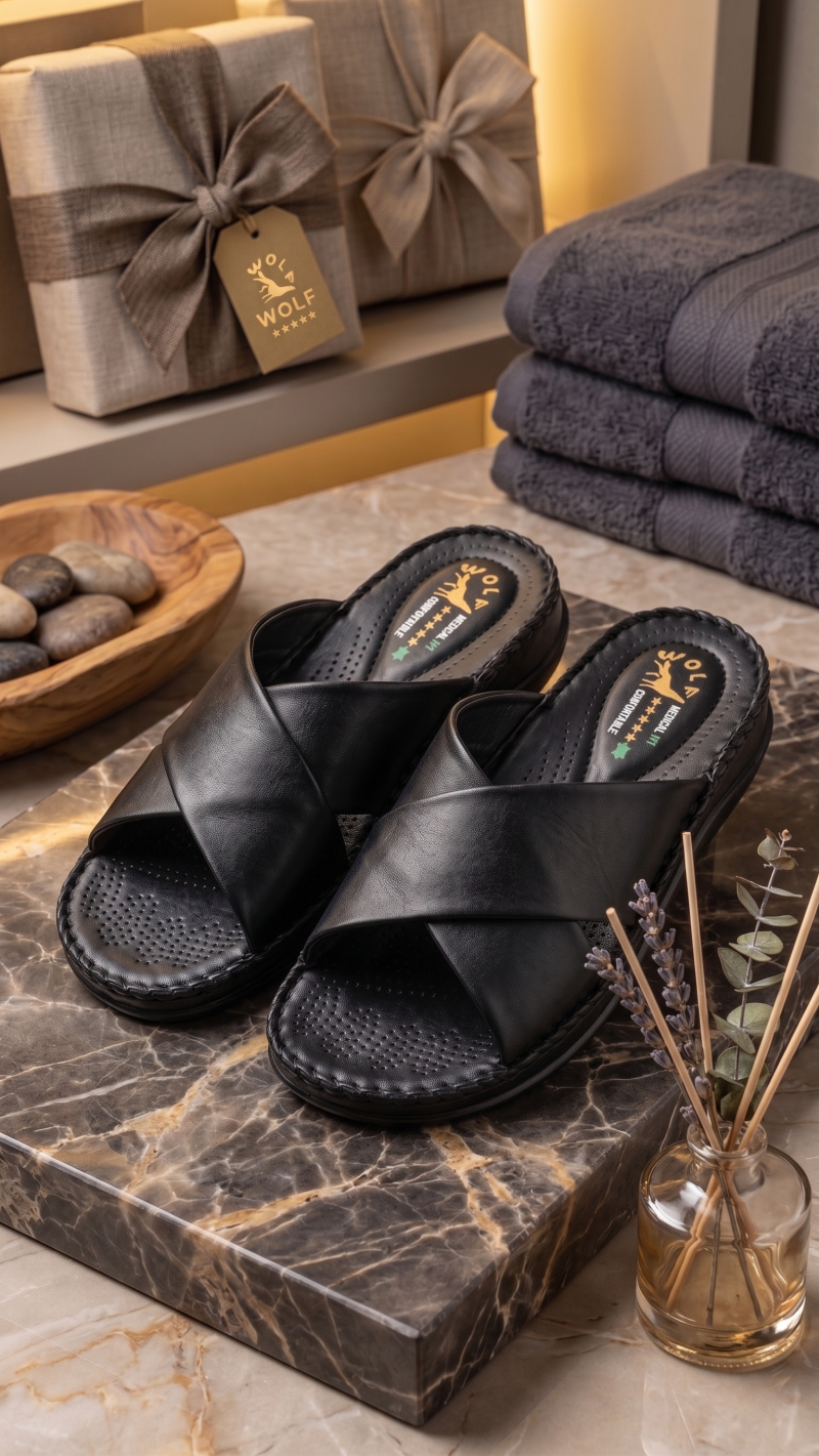 Ortho-Cuir Noir Mules  "Relax" H02